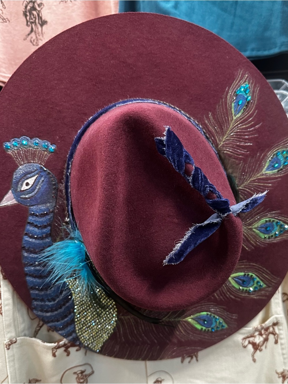 Women’s Burgundy Felt Fedora Hat with Peacock Embroidery